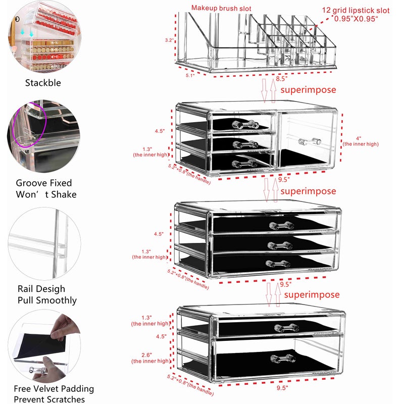 Cq acrylic 4 Pack Clear Make up Organizer Countertop,Stackable 9 Drawers Makeup Storage,Cute Vanity Organizers for dresser Hair Clip,Jewelry,Beauty Product Desk and Bathroom Organizers and Storage - Image 2